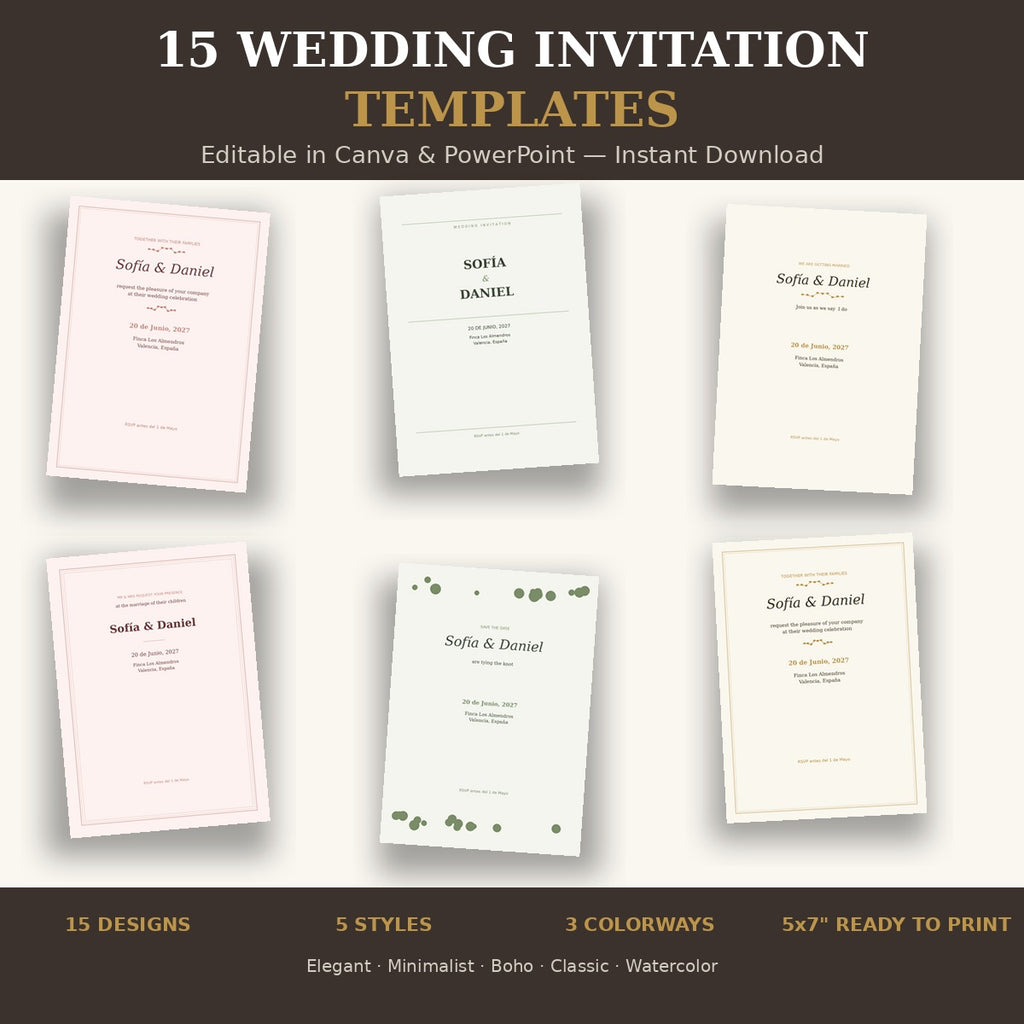 15 Wedding Invitation Templates | Editable Canva Digital Download | Elegant Boho Minimalist Classic Watercolor