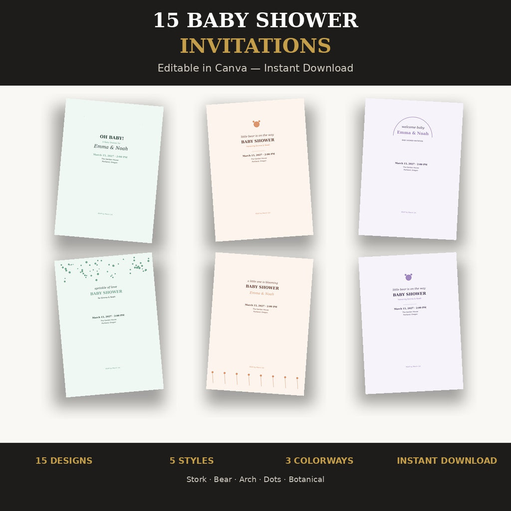 15 Baby Shower Invitation Templates | Editable Canva Digital Download | Boho Bear Botanical Minimal